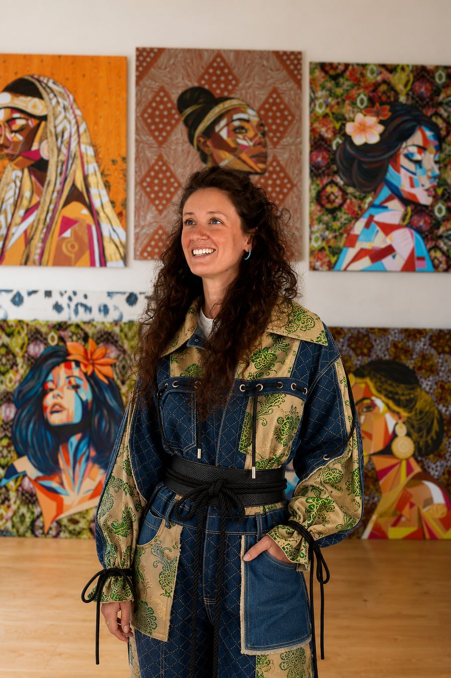 Elindra in her studio, surrounded by her Goddess paintings